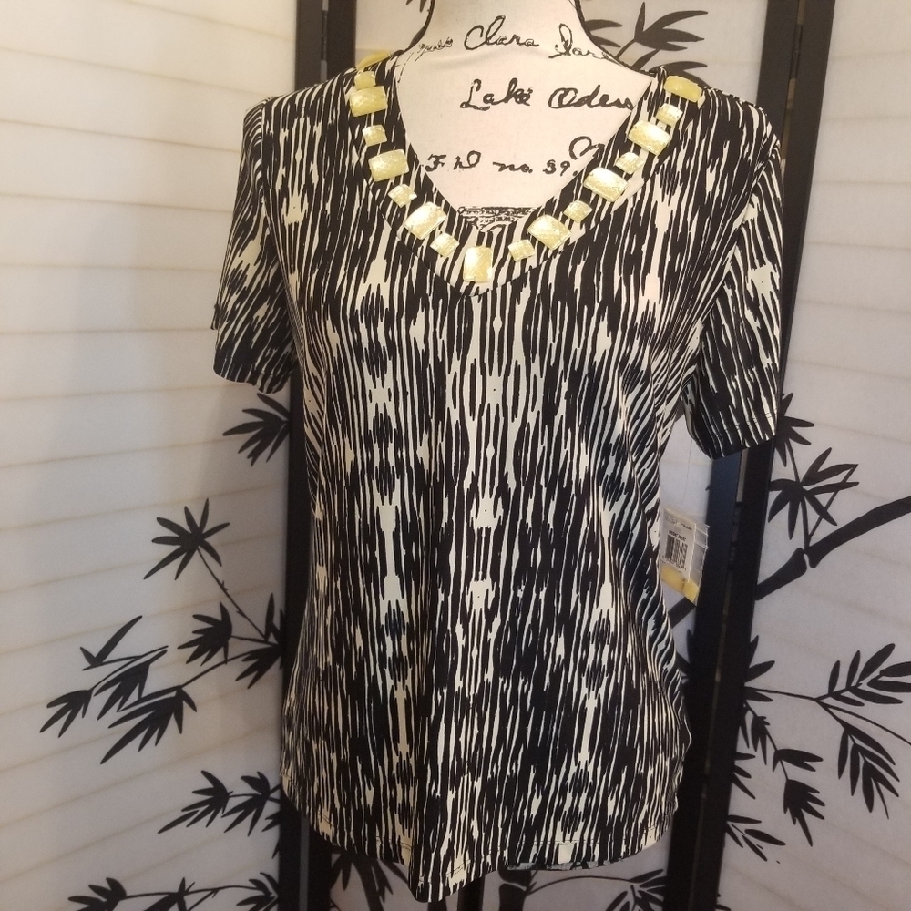 JM Collection Petite Embellished V Neck Abstract Print Stretch Blouse Top PM NWT